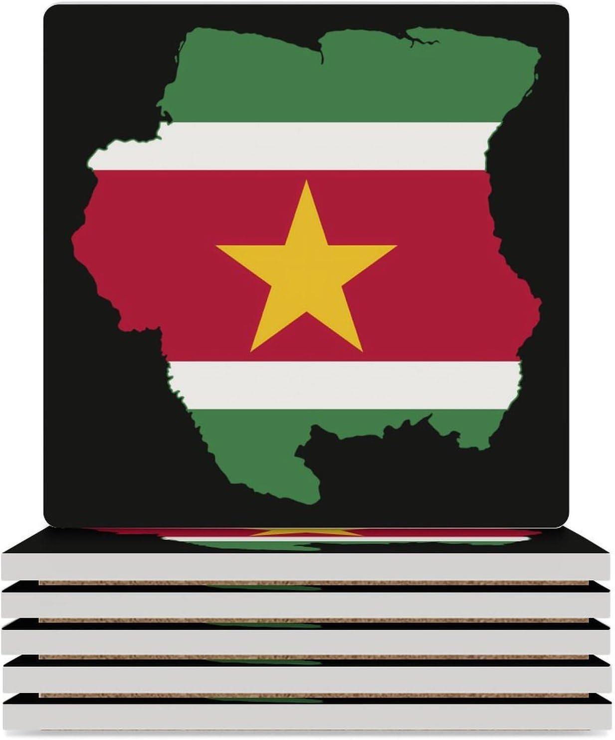 Flag Map of Suriname Funny Ceramic Coasters for Drinks Absorbent Cup Holder Tabletop Protector with Cork Base