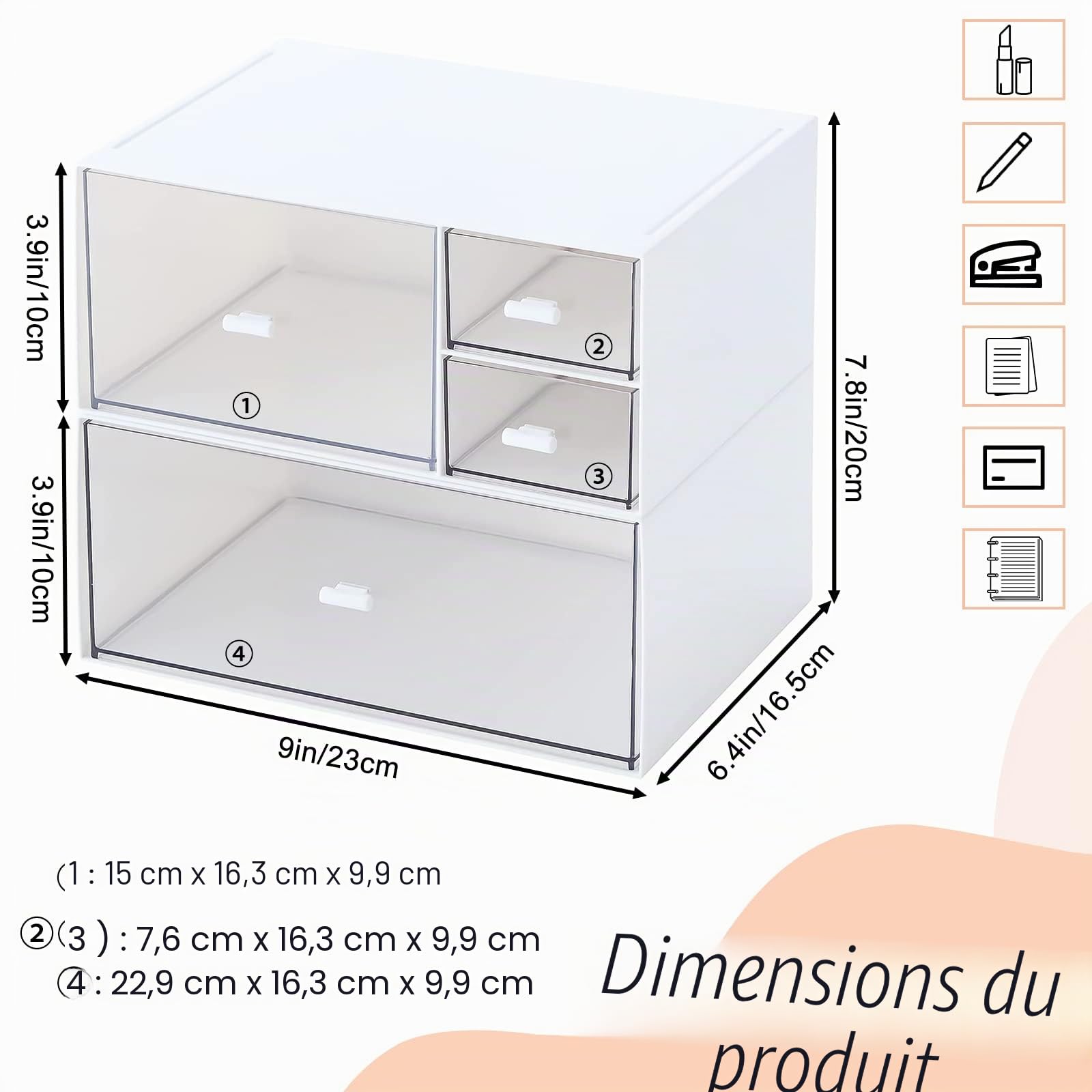 Organiseur de Bureau en Plastique avec Tiroirs, Empilable Grande Capacité, Boîte à Tiroirs pour Fournitures