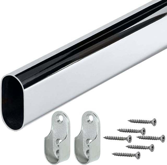Gedotec Drążek do szafy, drążek na ubrania, owalny, długość rury do szafy: 1500 mm, 30 x 15 mm, stal chromowana, 1 zestaw z 2 łożyskami bocznymi do montażu na ścianie, oszczędzający system
