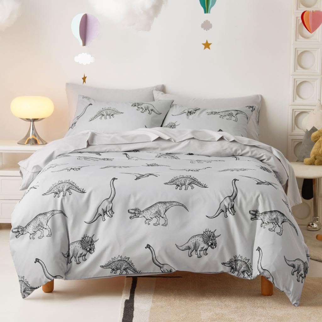 Wake In Cloud - Dinosaur Bedding Set for Boys, Dinosaur Sketch Patterned Soft Lightweight Comforter Set with Sheets, 5 Pieces Kids Bed in a Bag, Gray, Twin Size