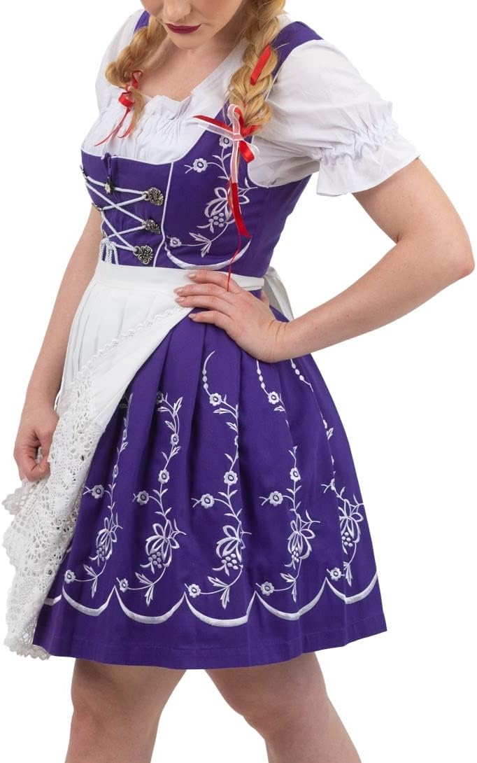 3-Piece Purple Dirndl Dress Set for Women – Short Traditional German Oktoberfest Costume Outfit