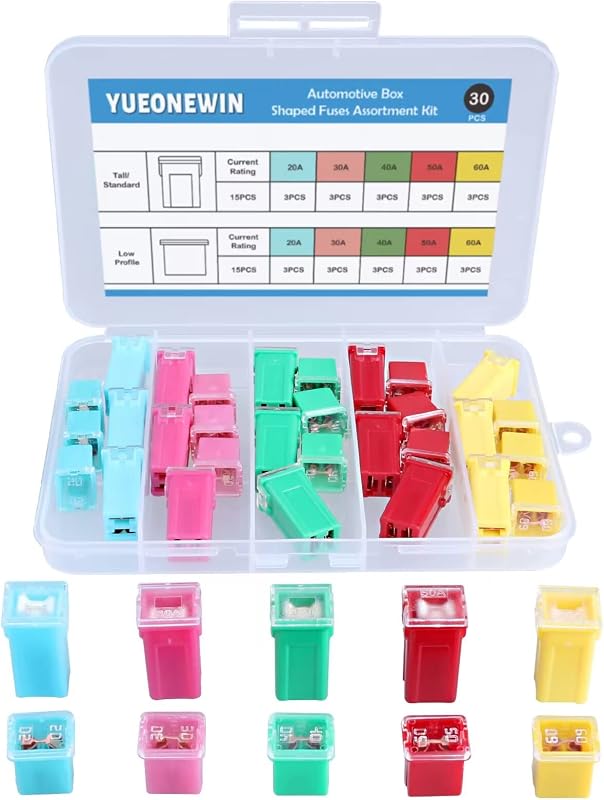30pcs Jcase Car Fuse Assortment Kit, Tall/STD and Low Profile Jcase Box Shaped Fuses Assortment Kit for Ford, Chevy/GM, Nissan, and Toyota Pickup Trucks, Cars and SUVs （20A, 30A, 40A, 50A, 60AMP）