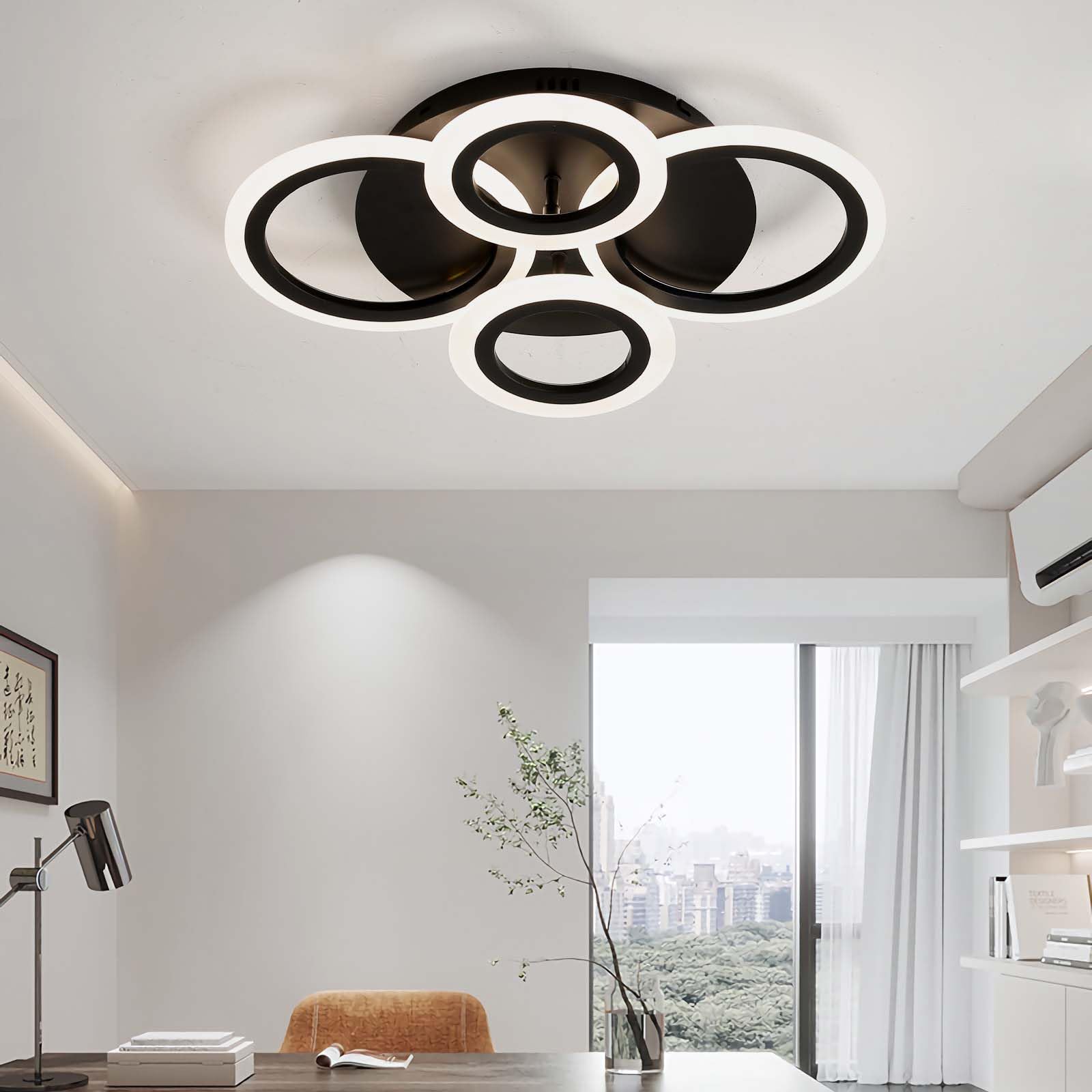 GWYAJTU Round Ceiling Light 3000K-6500K,LED Dimmable Modern Chandeliers,Lights Ceiling with Remote Control APP,for Office Bedroom Living Room Kitchen-Black||4 Rings