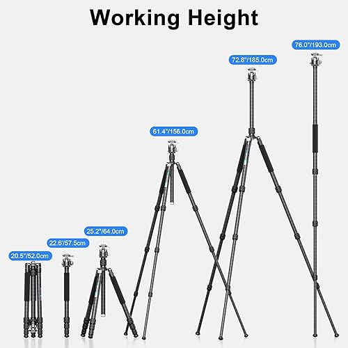 Miniatura 6 de Trípode de fibra de carbono de 72.6 pulgadas, Monopod WEYLLAN Heavy Duty Tripod para cámara, tubo de 1.280 in, trípode profesional para cámara con