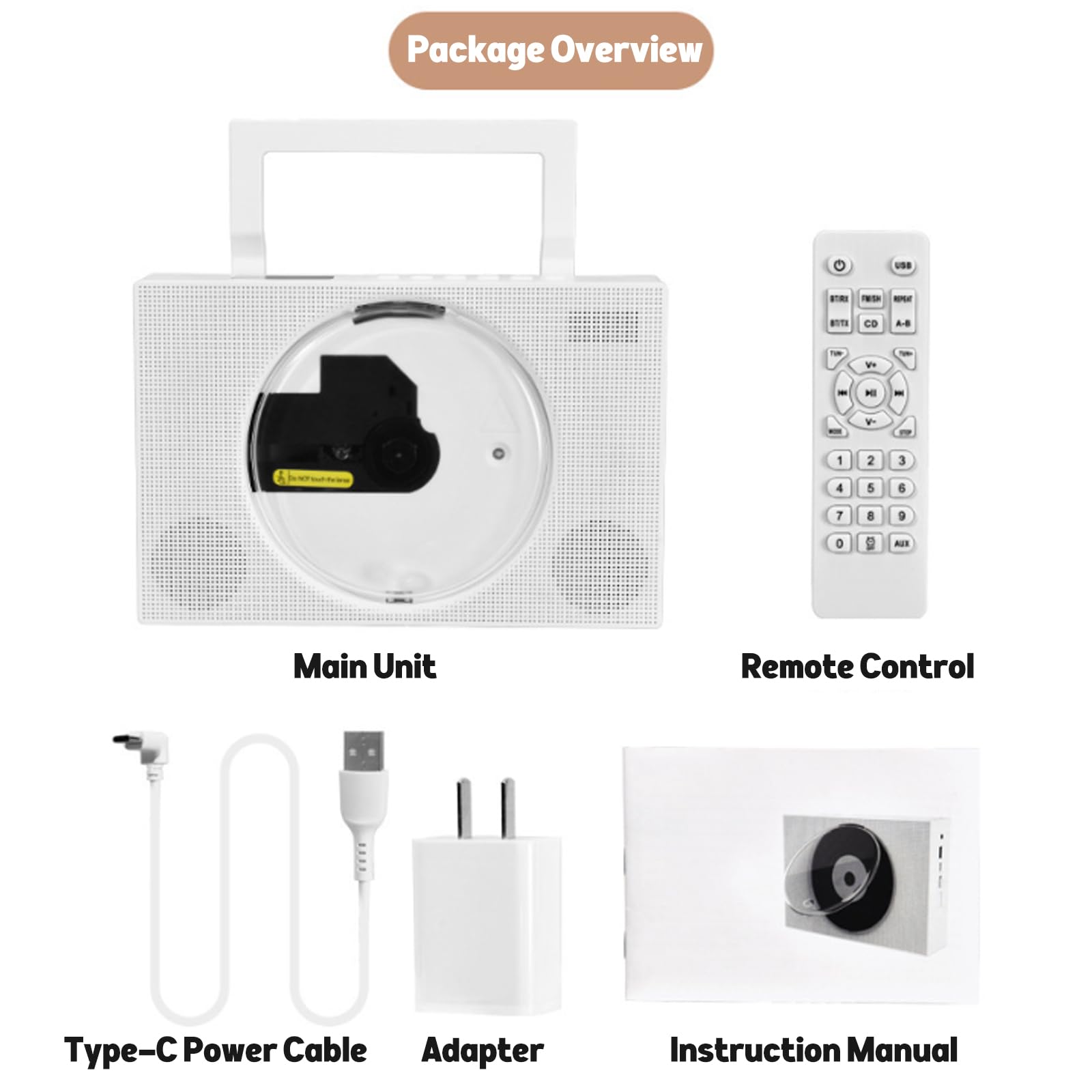Lettore CD portatile con Bluetooth, radio FM, telecomando, altoparlanti da 45 mm, modalità di riproduzione multiple, compatibile con CD, MP3, WMA, USB, AUX da 3,5 mm, auricolare