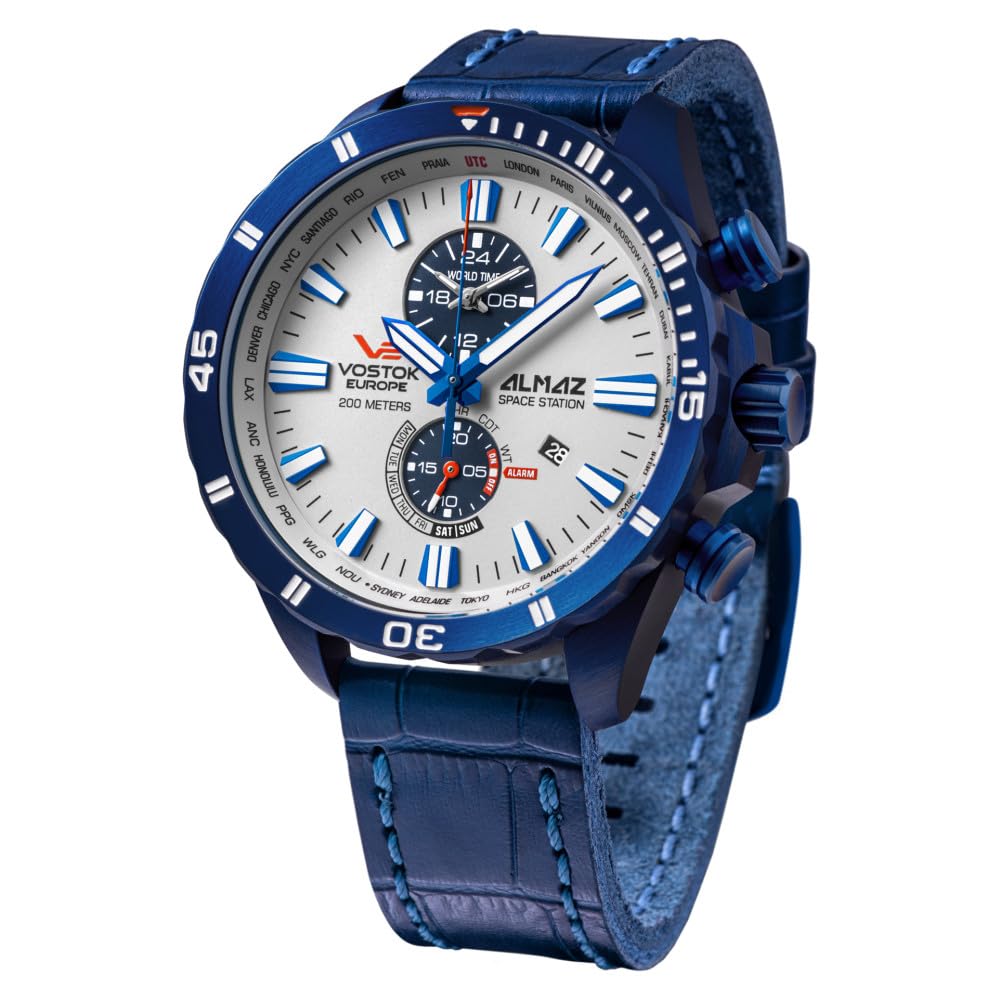 Vostok Europe Almaz Space Station zegarek męski chronograf ze skórzanym paskiem