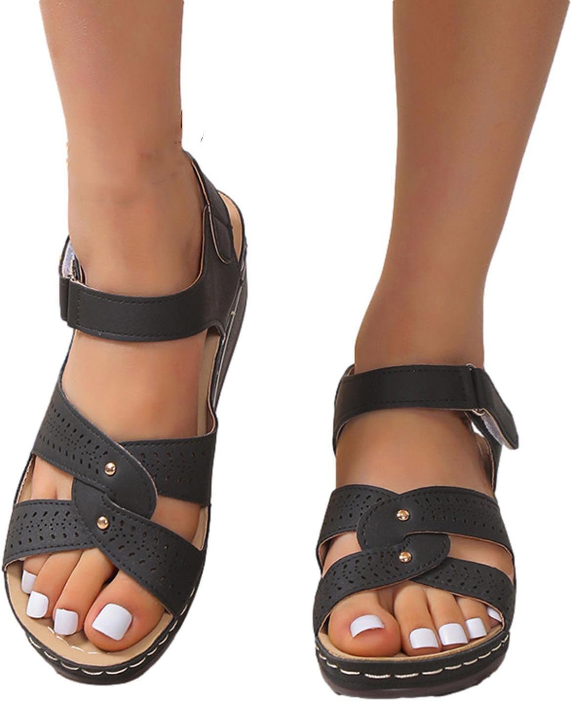 Platform Sandals for Women UK Sale Clearance Tri-colour Interwoven Lace-up Cut Out Upper Arch Support with Ankle Strap Adjustable Hook and Loop Fastener Thick Soft Cushioned Sole