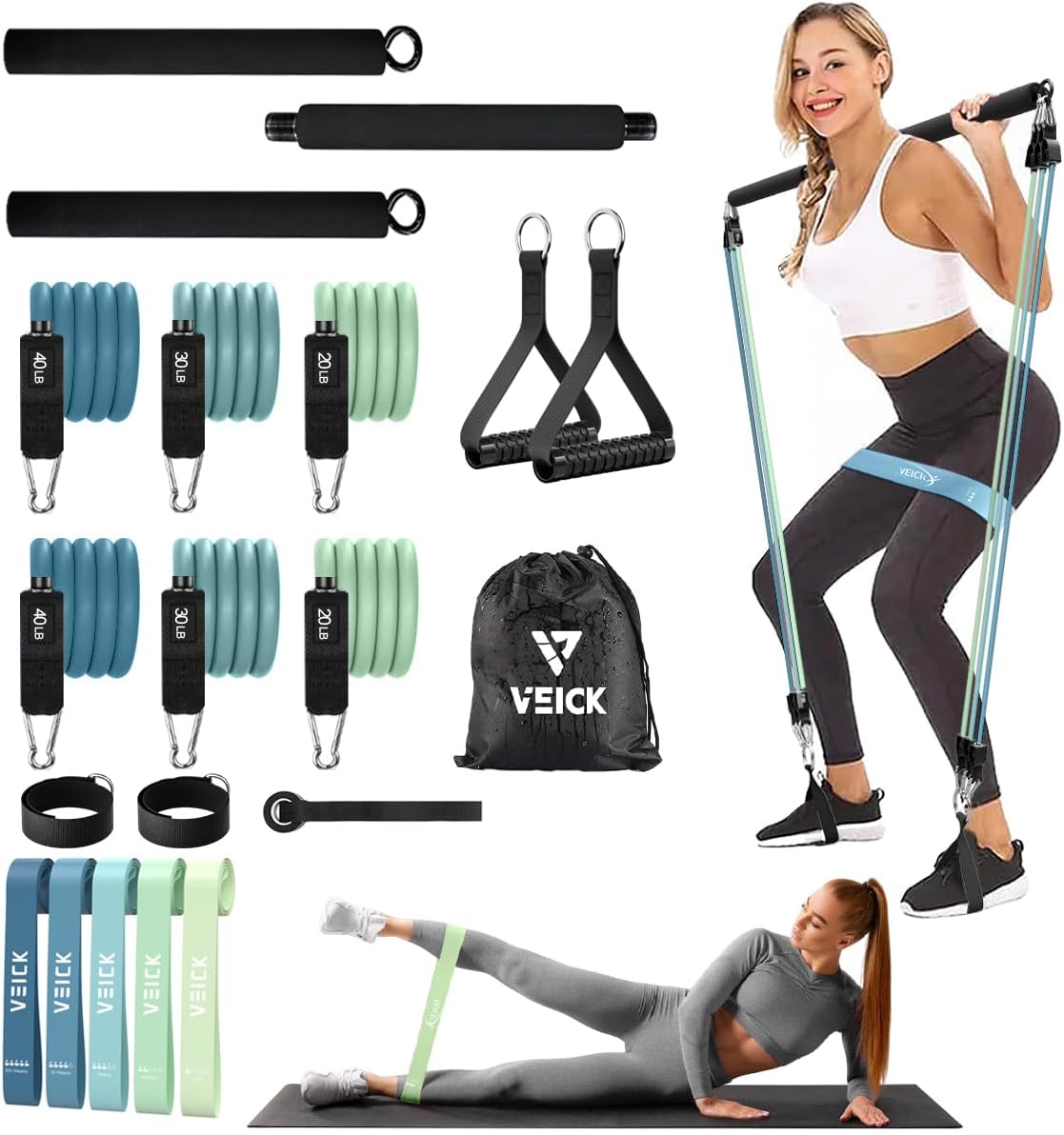 VEICK Pilates Bar Kit with Resistance Bands, Elastic Workout Bands for Men and Women, Set of 5 Resistance Loop Bands for Home Fitness, Stretching, Strength Training, Physical Therap VEICK Pilates Bar Kit with Resistance Bands, Elastic Workout Bands for Men and Women, Set of 5 Resistance Loop Bands for Home Fitness, Stretching, Strength Training, Physical Therap