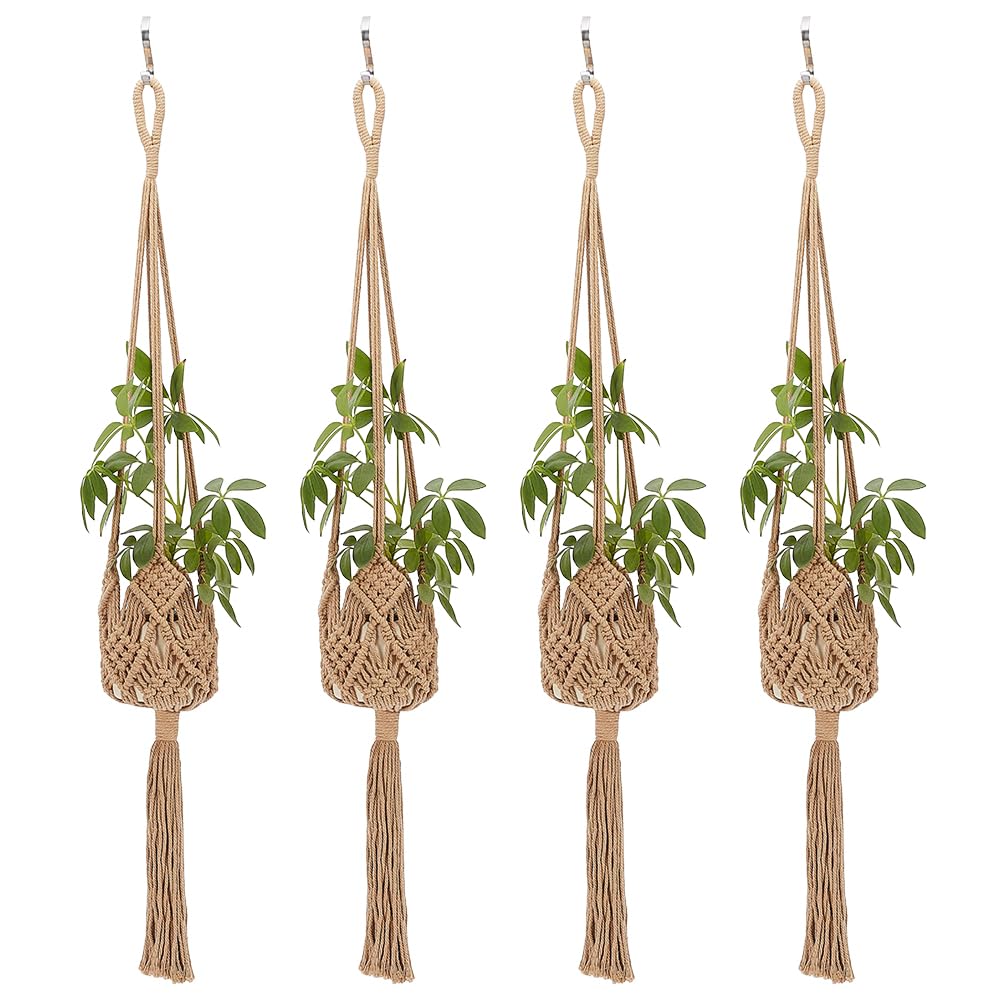 WEBEEDY Lot de 4 pots de fleurs tressés à la main en macramé avec crochets en acier inoxydable pour intérieur ou extérieur Marron