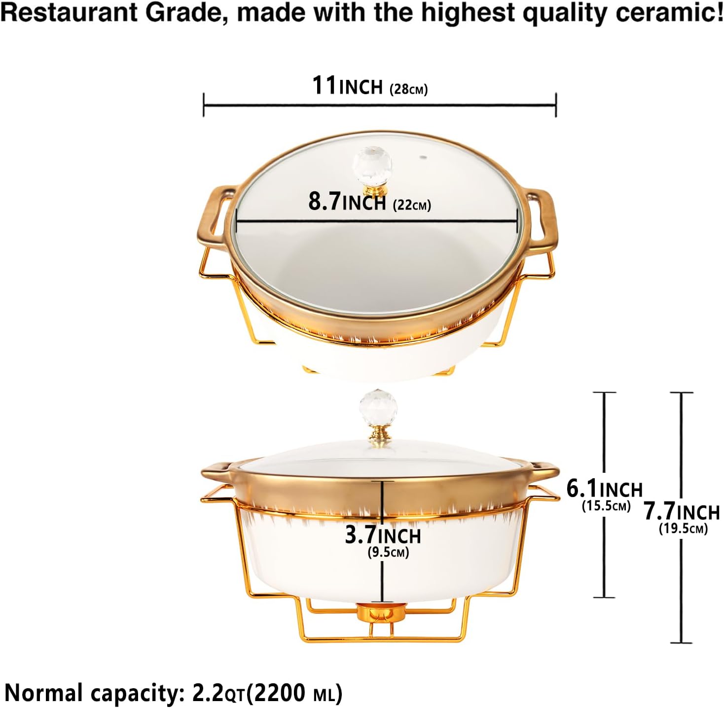 Ceramic Casserole Dish with rack and Glass Lid, 2.2 Qt Round Serving Soup Tureen with Handle, Serving Tureen for Restaurant Home Kitchen Decoration, Perfect for Entertainment, Party, gift