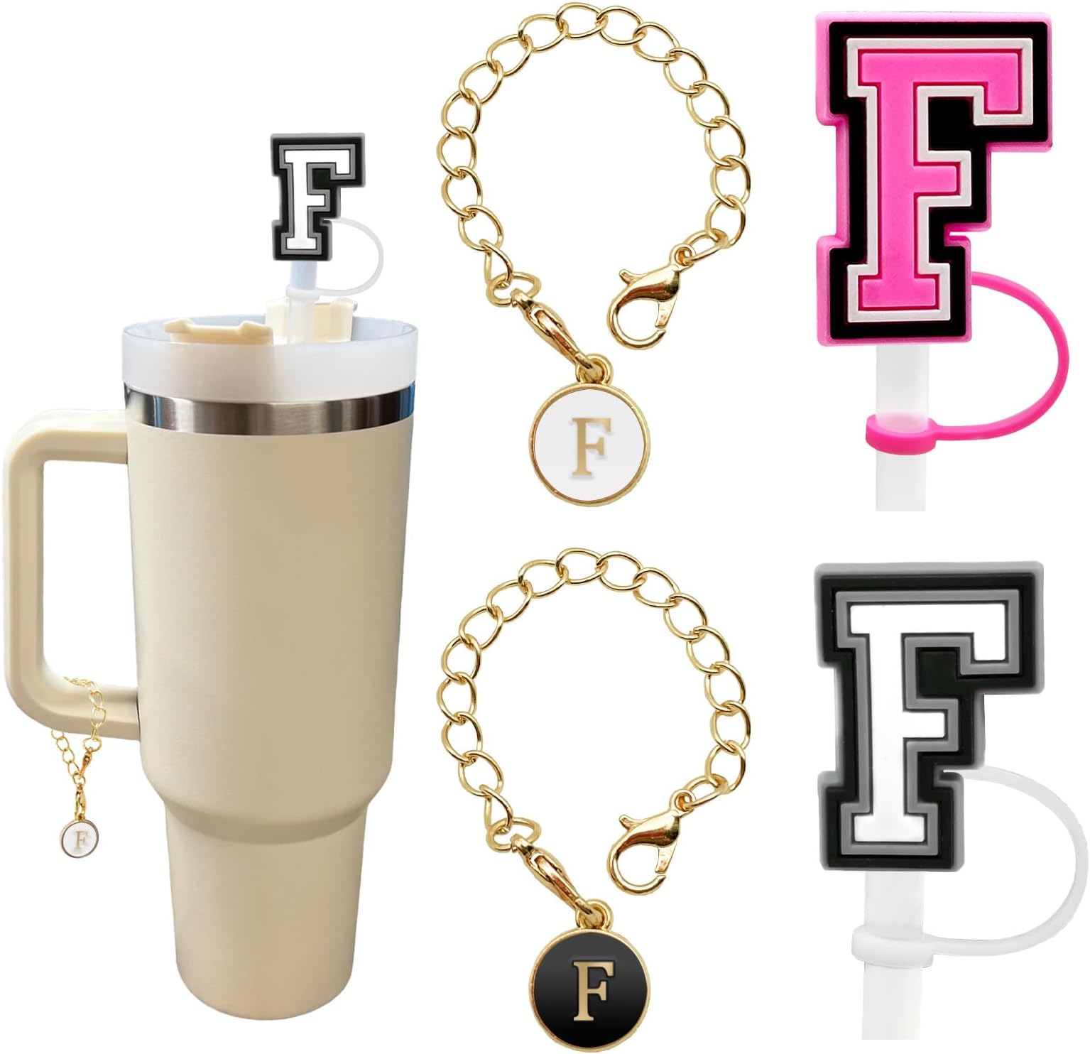 （2+2）2PCS Straw Cover for Stanley Cup 30&40 Oz 10mm Straw Topper with 2PCS Stanley Cup Accessories Letter Charms Name ID Initial Letter Handle Personalized Charm For Stanley Tumbler (Letter F)