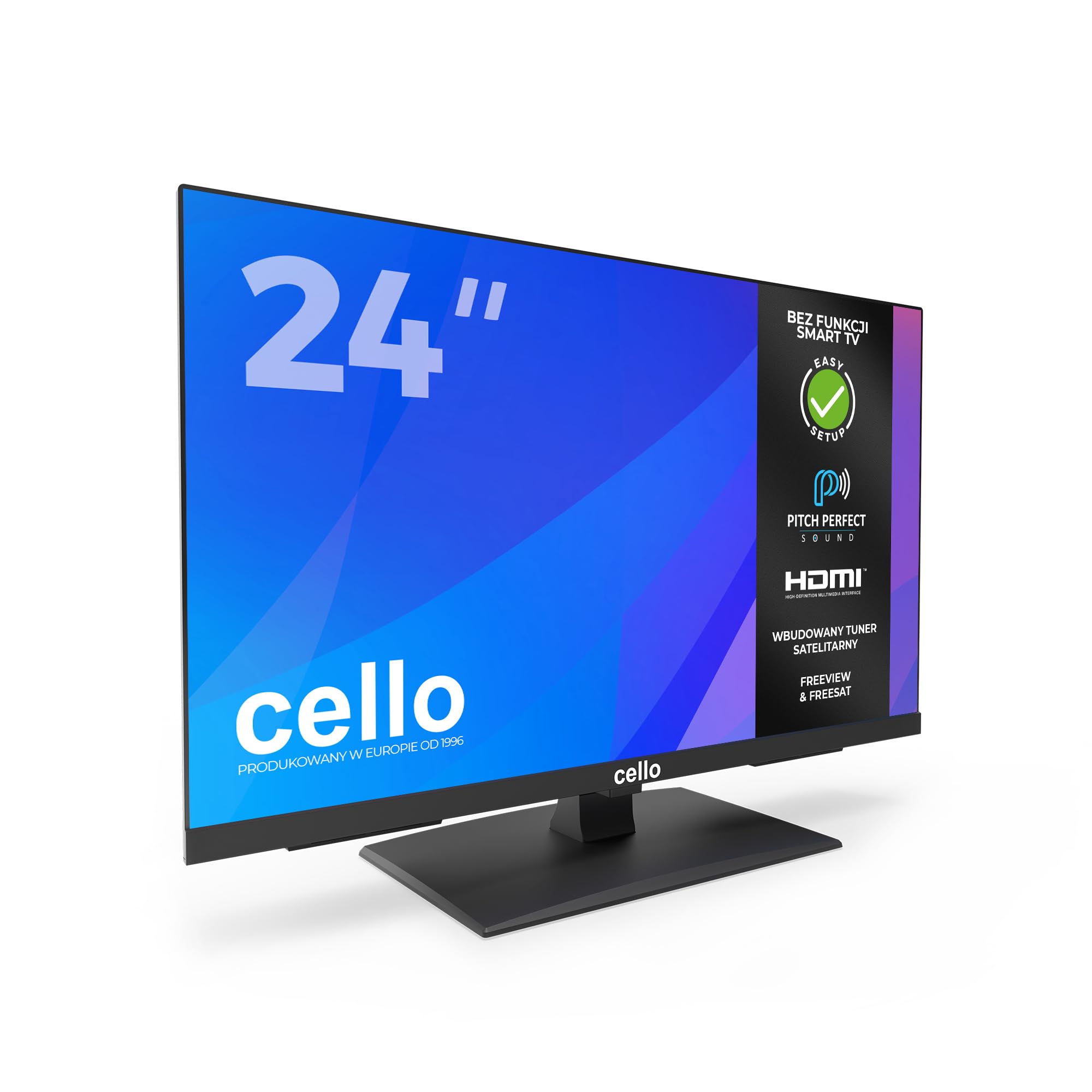 Cello C2424SH 24-calowy telewizor LED z DVB-T i satelitą, łatwa konfiguracja, 230 V, bez Smart TV, nagrywanie USB, doskonały dźwięk, idealny do małych pomieszczeń