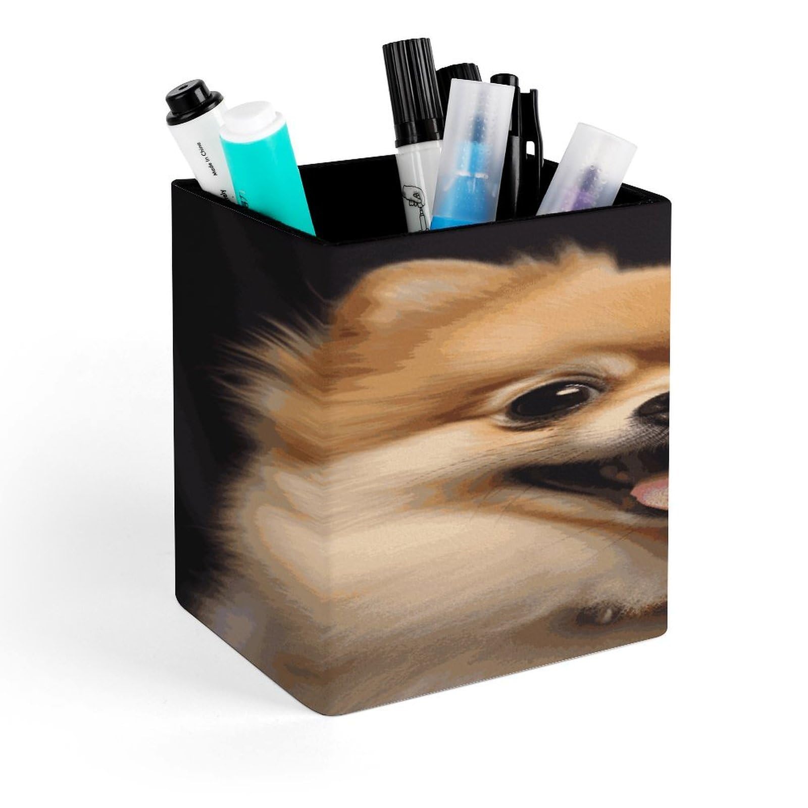 JTREHY - Pomeranian Short Hair Pen Holder Square Makeup Brush Holder Cup Holder PU Leather Stationery Organizer Office Accessories Box