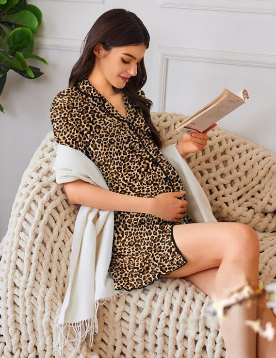 Image of Ekouaer Nightgowns for Women Button Down Sleep Shirt Short Sleeve NightShirts Boyfriend Sleepdress Soft Pajama Dress