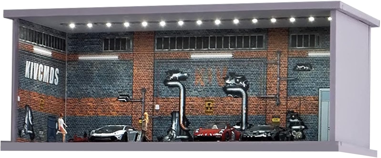 Display Case for Hot Wheel with LED Light Stackable Mega Garage Storage for 1:64 Matchbox & Diecast Cars 6-Slot Parking Diorama with Illuminated Showcase (Red-Factory)