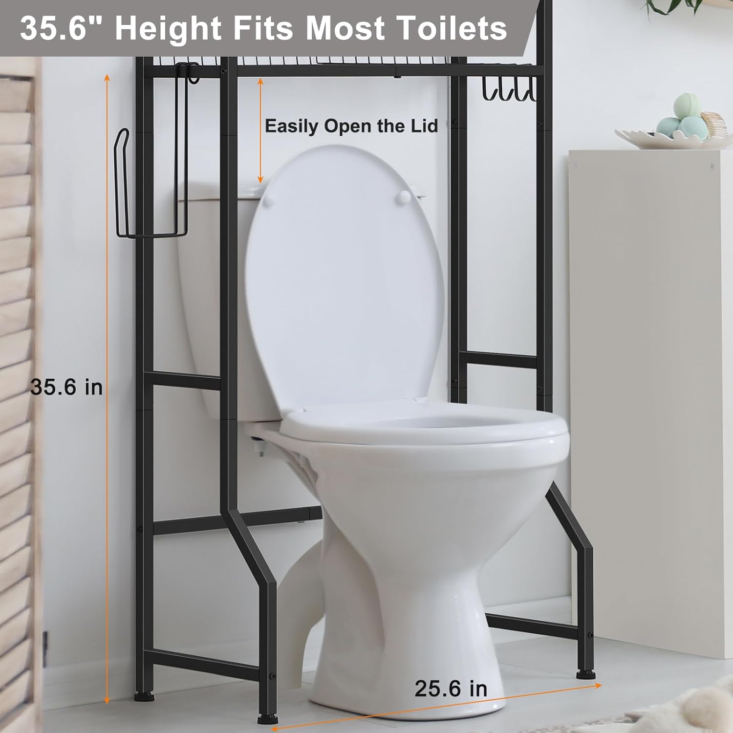 smusei Over The Toilet Storage Shelf, 3 Tier Bathroom Organizer Over The Toilet with Hooks and Toilet Paper Holder Freestanding Wooden Above Toilet Storage Cabinet Rack, Rustic Brown