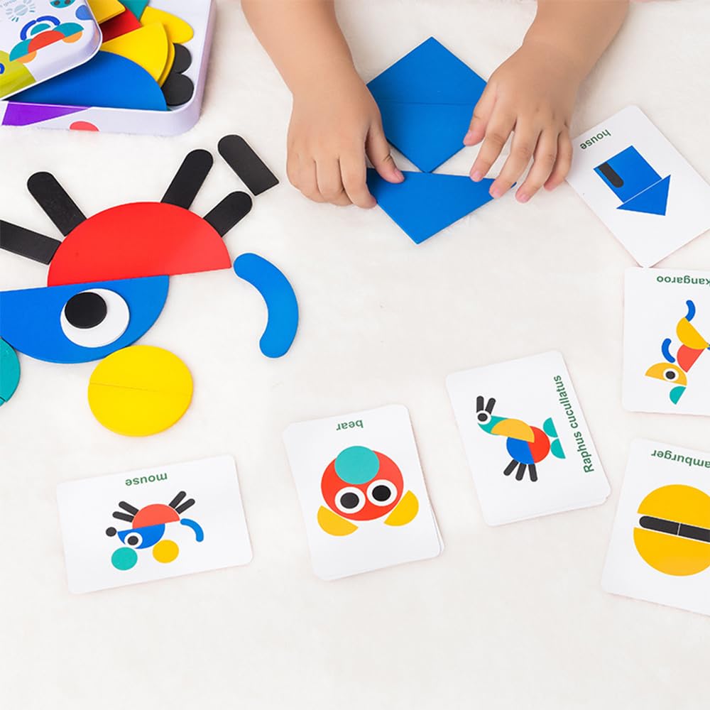 Wooden Pattern Blocks Tangram Shape Puzzle Set Color Sorting Stacking Game for Toddlers Wood Animal Jigsaw Development Toys Preschool Education Activity Travel Toy Board Games for Kids 3-7 Yrs - Image 3