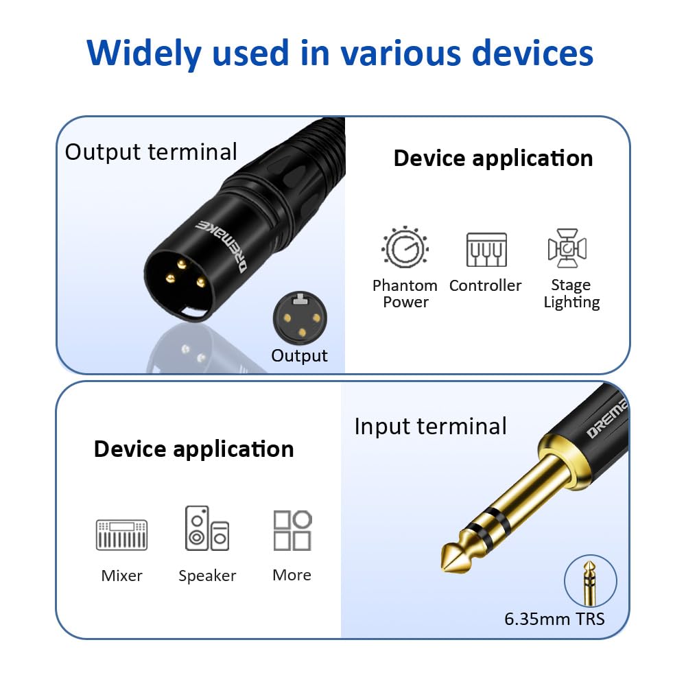 XLR auf 1/4 Zoll TRS Mikrofon-Audiokabel, XLR 3-poliger Stecker auf Viertel Zoll 6,35 mm/6,5 mm TRS-Stecker, symmetrischer Verbindungs-Patchkabel für elektrische Trommel, Saxophon,