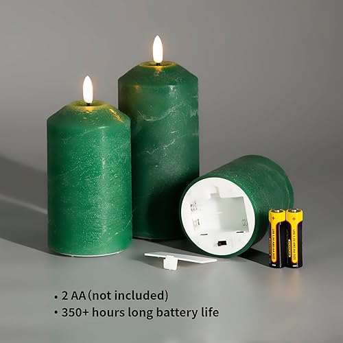 Miniatura 3 de Eywamage Velas de pilar sin llama verdes con control remoto, velas LED parpadeantes de cera real que funcionan con pilas, juego de 3
