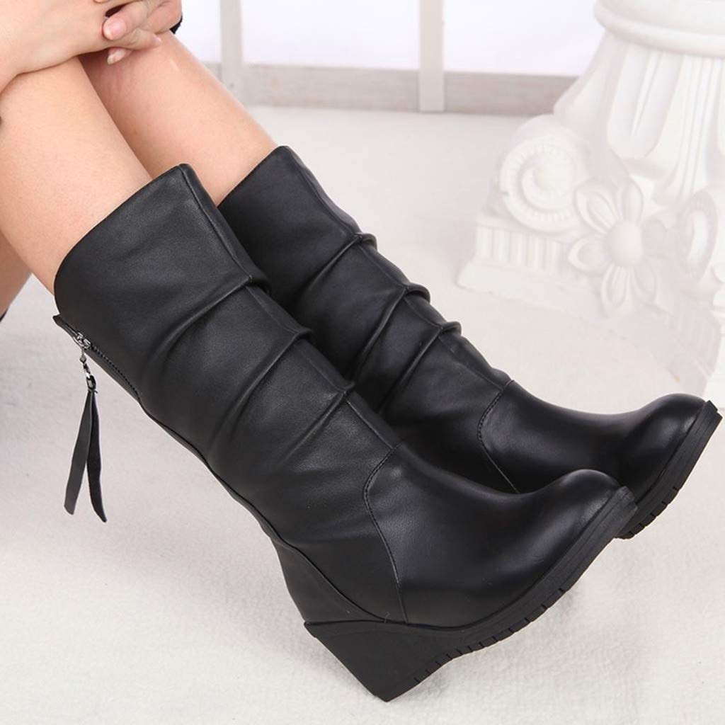OBiQuzz Bottines pour femme - Noir - Tige courte - Talon compensé - Bottes western en cuir noir - Bottes de cheville - Bottes d'équitation pour femme - Bottes d'équitation - Bottes basses à enfiler