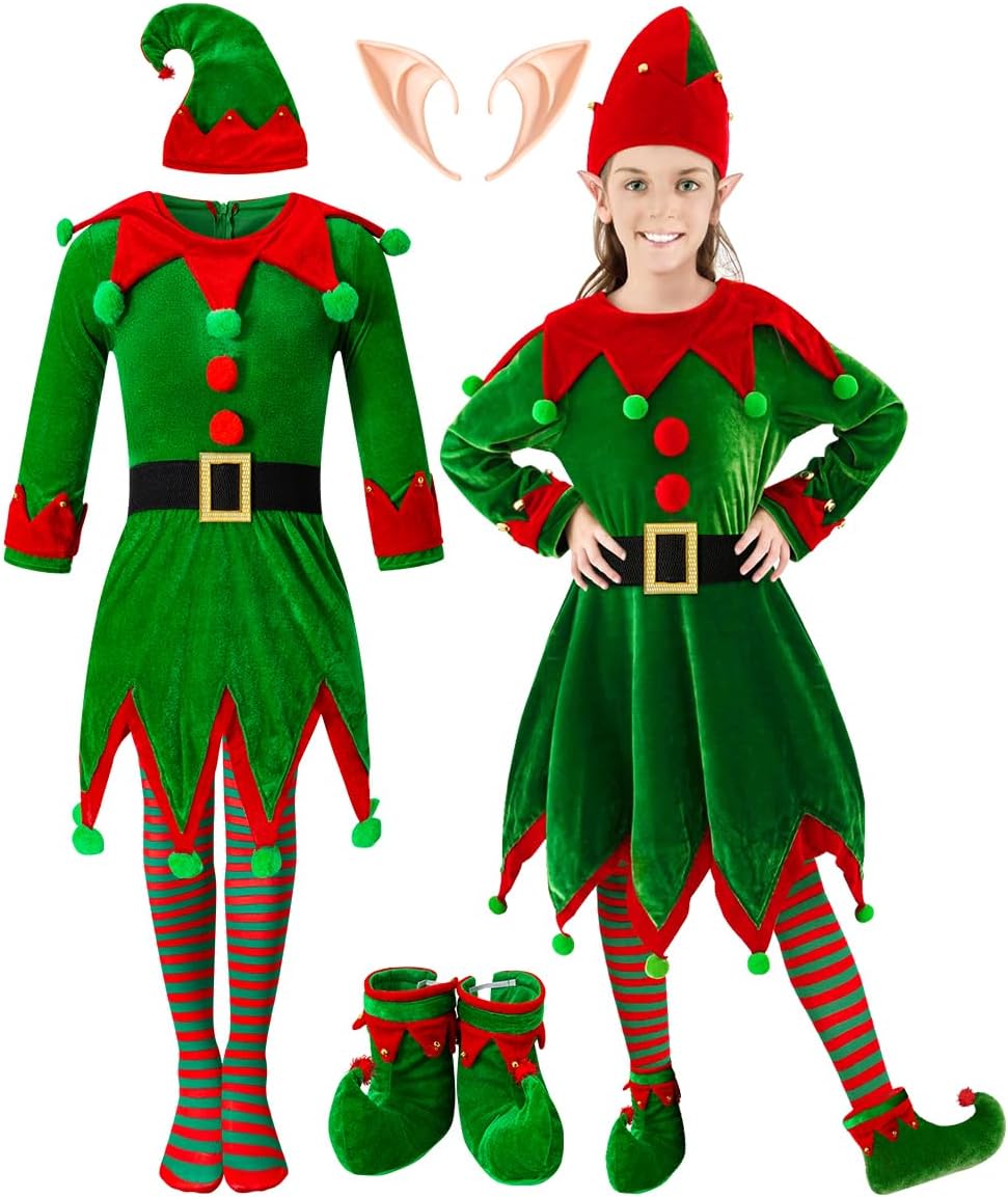Kids Girls Christmas Elf Costume Set Dress Santa's Helper Xmas Outfit with Hat Ears Belt Socks Shoes