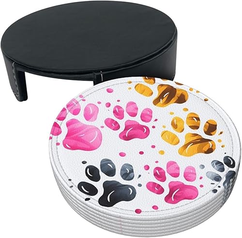 Miniatura 9 de Juego de 6 posavasos coloridos de cuero con estampado de patas de perro, protección contra derrames para mesa, bonitos posavasos para tazas,