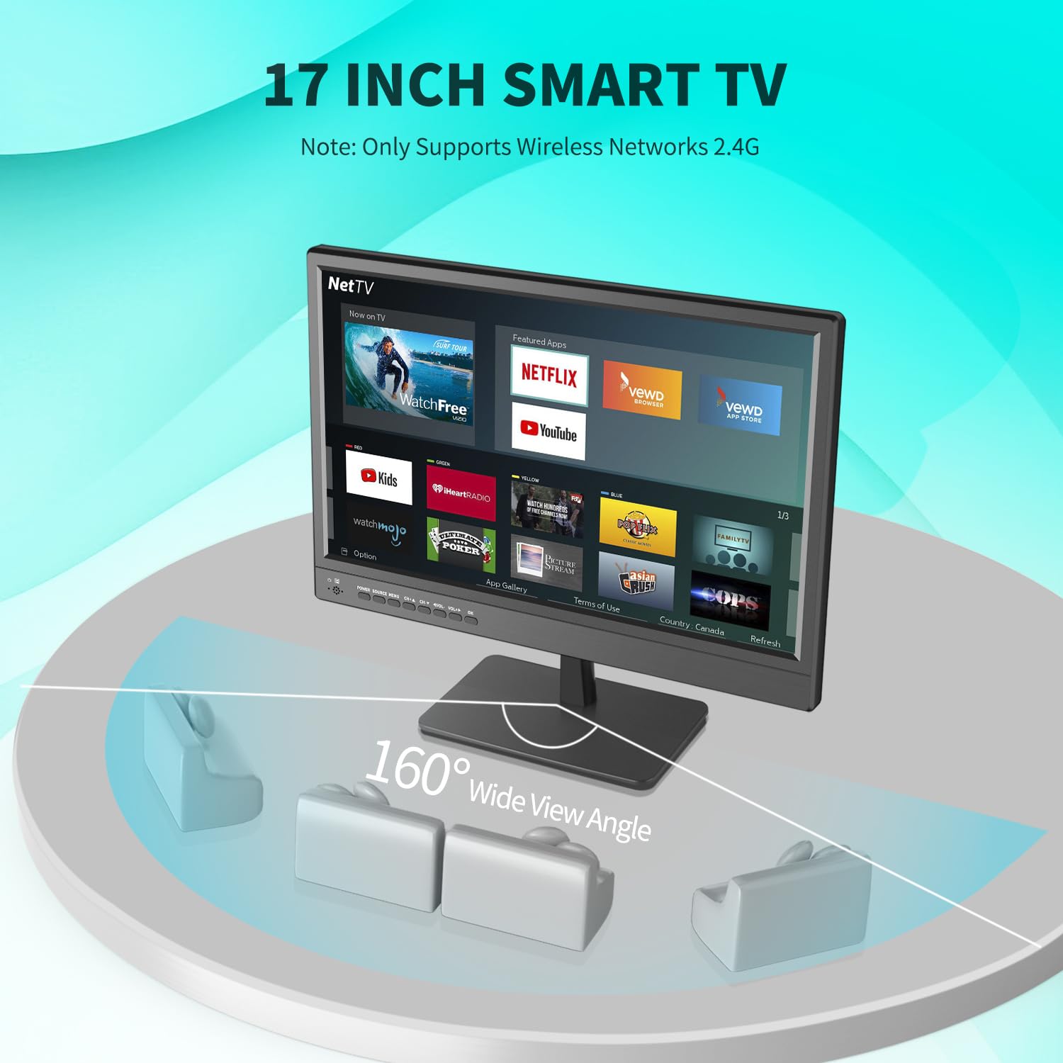 KCR Smart TV, 17-calowy LED, cyfrowy DVB-T2, przenośny telewizor Freeview, gniazdo USB, wyjście słuchawkowe, pilot zdalnego sterowania koncentryczny, wejście AV, wejście HDMI, czarny