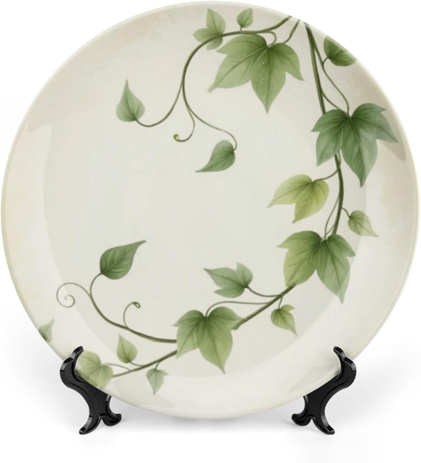 Vine Theme Decorative Ceramic Plate Round Porcelain Plate,10 inch,Natural Watercolor Pattern,for Decorative Ornaments Giving Plates,1 Plate with 1 Display Stand,Green White