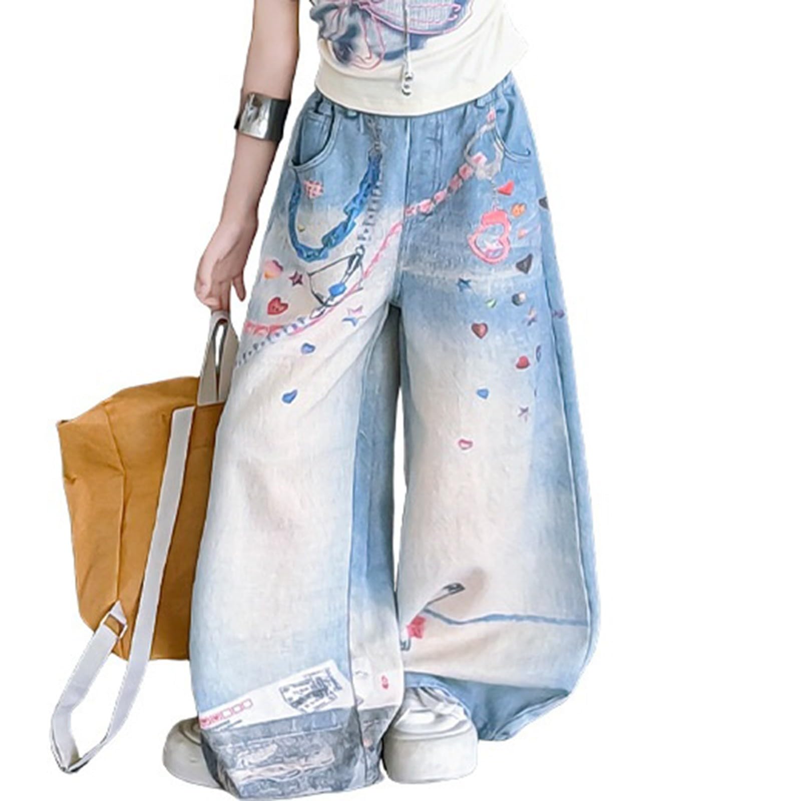 Generisch Mädchen Jeanshose Modische Bedruckte Jeans Beiläufige Lange Hosen Print Straight Lockere Passform Pants Freizeithose Y2K Streetstyle Streetwear Denimhose