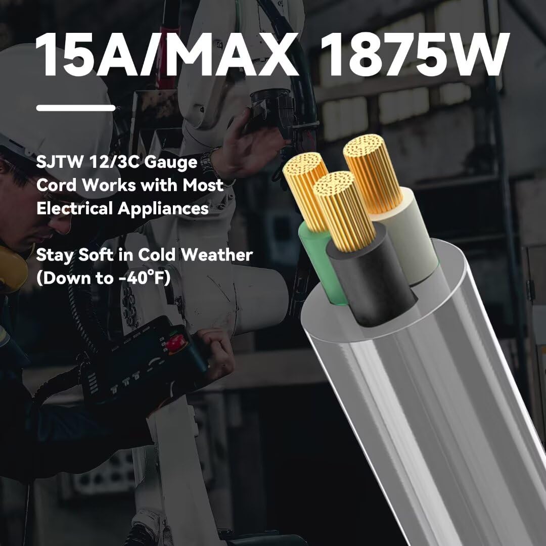 Cable de extensión para exteriores de 10 pies, 12/3 SJTW, cable de extensión gris resistente con enchufe de tierra de 3 clavijas, cable de alimentación para césped, jardín, electrodomésticos