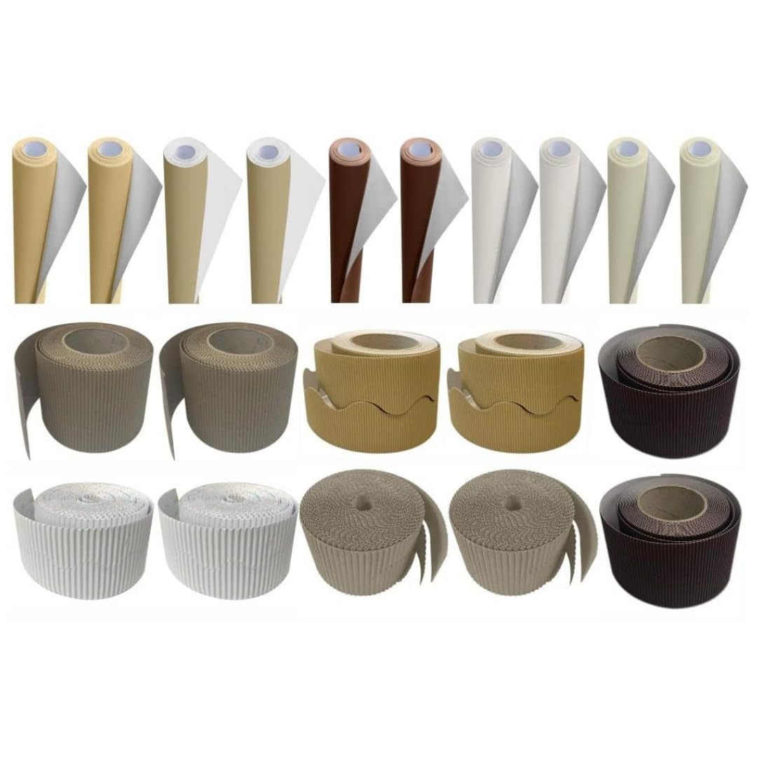 3 Ace Crafts Wall Display Natural Pack -Poster Paper 10 Rolls,Corrugated Border 10 Rolls for School Classroom Decorations, Party, Notice Boards, Gift Wrapping & Arts Crafts