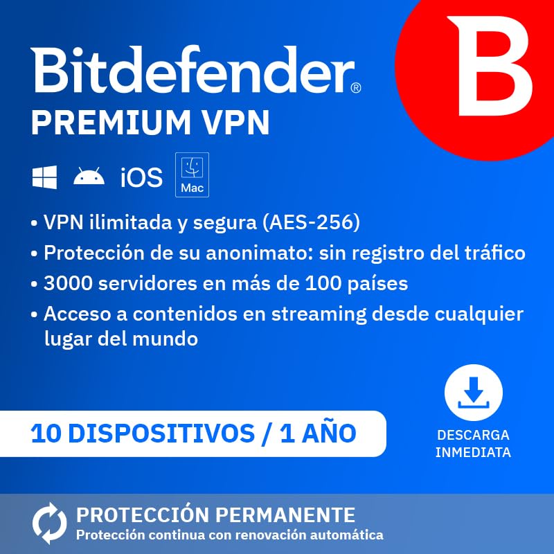Bitdefender Premium VPN 2026| 10 Dispositivos | 1 Año | PC/Mac/iOS/Android | Código de activación por email | Renovación automática