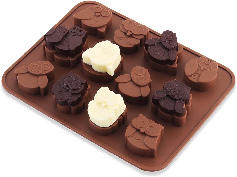 Beautiful Home 12 Different Emotion Owls Chocolate & Candy, Soap, Backing Mold, Ice Cube Tray-Food Grade Silicone, BPA & PVC Free, Brown