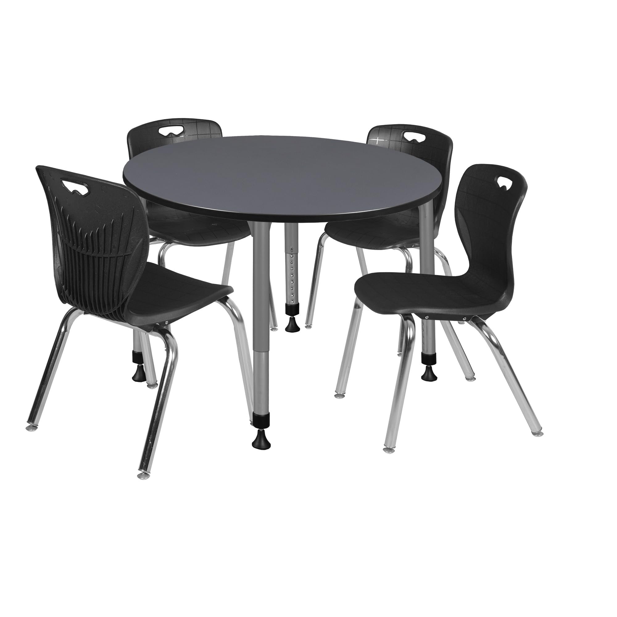 Romig Kee Round Classroom Activity Table & Chairs Height adjustable1, 48 x 48, Black|Chrome|Grey