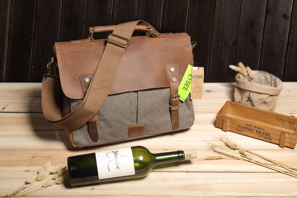 Aktentasche Herren Canvas mit Echtleder, Laptop tasche Retro Schultertasche für 14 Zoll Laptop
