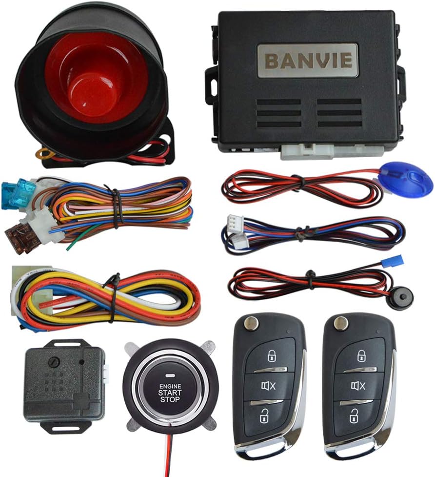BANVIE Auto Security Alarm System with Smart Engine Start Buttton and Remote Starter (1-Way Alarm + Remote Starter + Push Start Stop But)