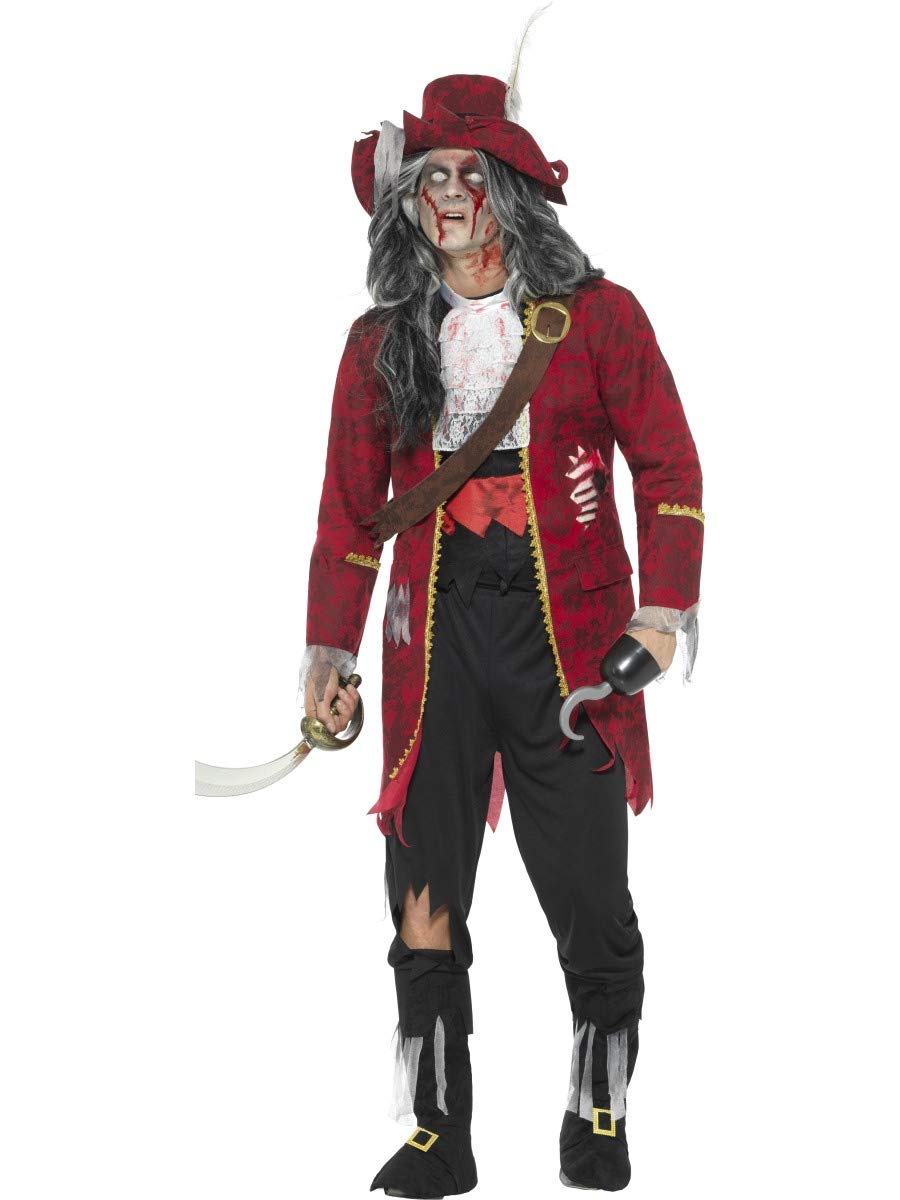 Smiffys Deluxe Zombie Pirate Captain Costume, Latex, Red Jacket, Trousers with Boot Toppe, Hat, Hook & Belt, Halloween Zombie Alley Fancy Dress, Zombie Dress Up Costumes