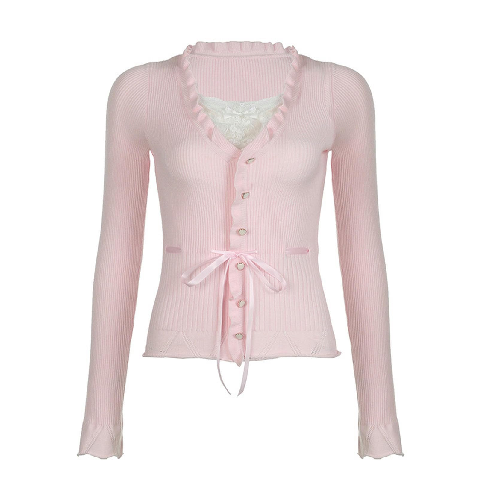 Estilo Suave y Dulce Corbata de Empalme de Encaje Pajarita Cuello Cuadrado Top Rosa niña Encaje versátil Mangas largas-07827 Rosa Claro-S