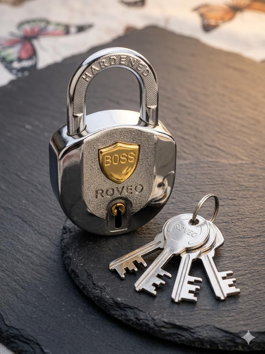 Boss Romeo Security Lock, Heavy Duty Metal Padlock with Keys, Silver and Gold Shield-image-38