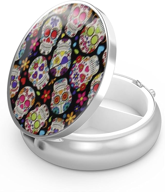 WATASSA Round Pill Box with Mirror - Colorful Sugar Skull & Floral Day of the Dead Pattern Medicine Organizer, 3 Compartment Portable Travel Case for Daily Vitamins, Gothic Pop Art Style Design