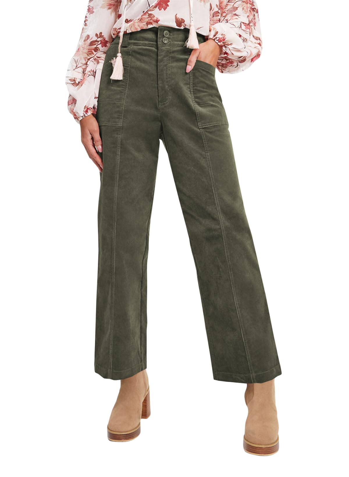 Acelitt Womens Casual Winter Corduroy Pants 2024 Loose Straight Leg Pants Trousers with Pockets Green Green Small