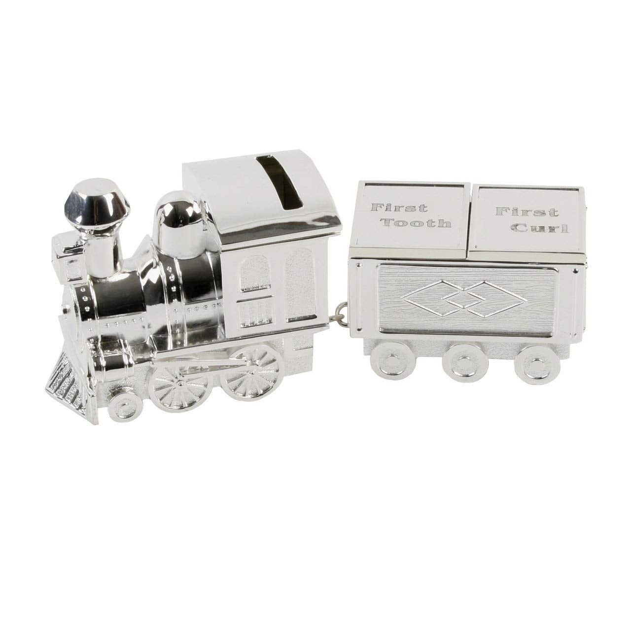 Rutherfords Gifts Silver Personalised Plated Train Money Box/First Tooth & Curl Carriage - Christening Baptism New Born Baby Gift Engraved With A Name And Message