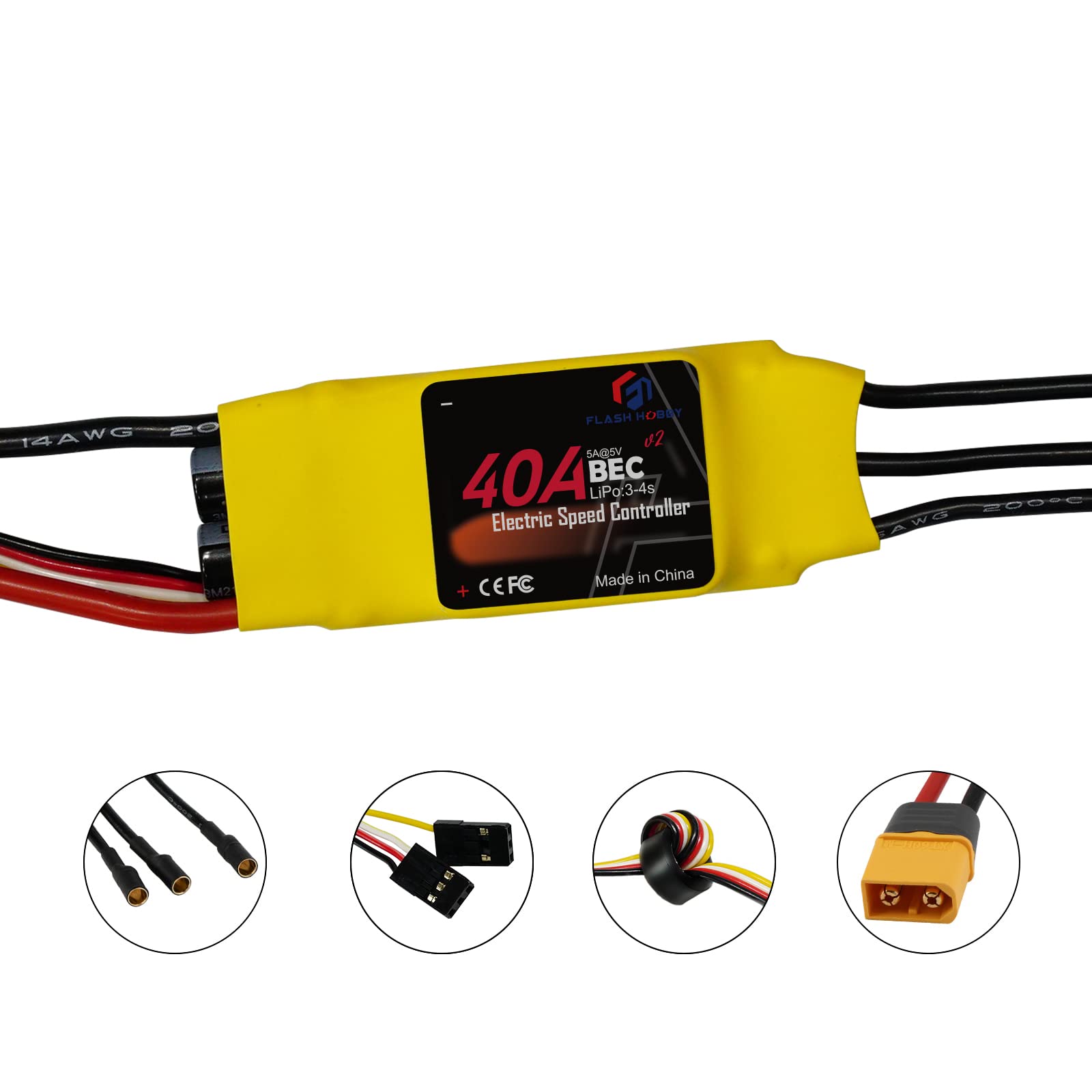 FLASH HOBBY Spaceman 40A V2 3-4S Speed Controller 5V5A UBEC Brushless RC Helicopter Airplane Quadcopter (40A) 4