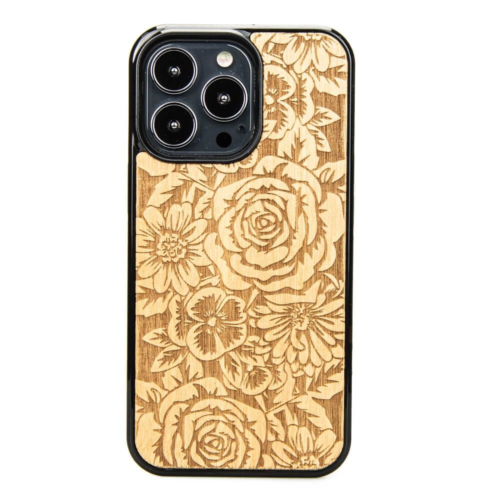 Custodia in legno compatibile con iPhone 13 Pro, legno aniegre con incisione di rose, naturale, antiurto, fatta a mano, finitura opaca, cornice in silicone TPU
