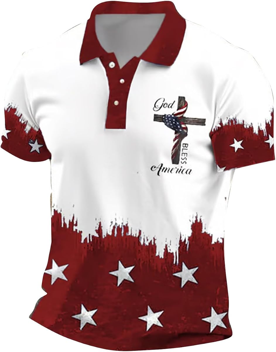 Polo de manga corta para hombre, camisa de golf de color dividido con estampado de bandera americana de secado rápido para deporte