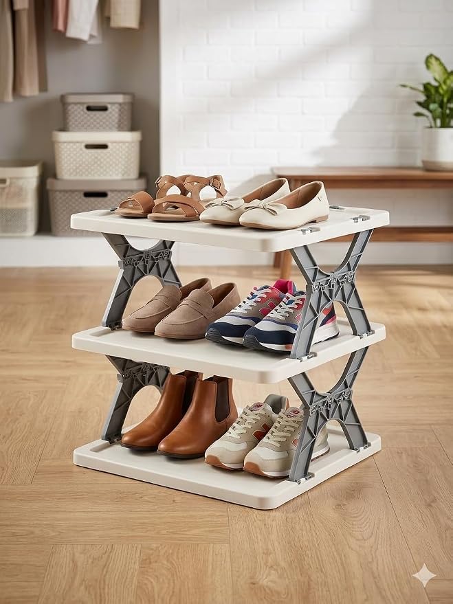 Image of 3 Tier Foldable Storage Rack | Multipurpose Plastic Organizer Shelf for Kitchen, Bathroom, Living Room & Office |Heavy Duty Space Saving Storage Stand |Easy No-Tool Assembly (White & Black)