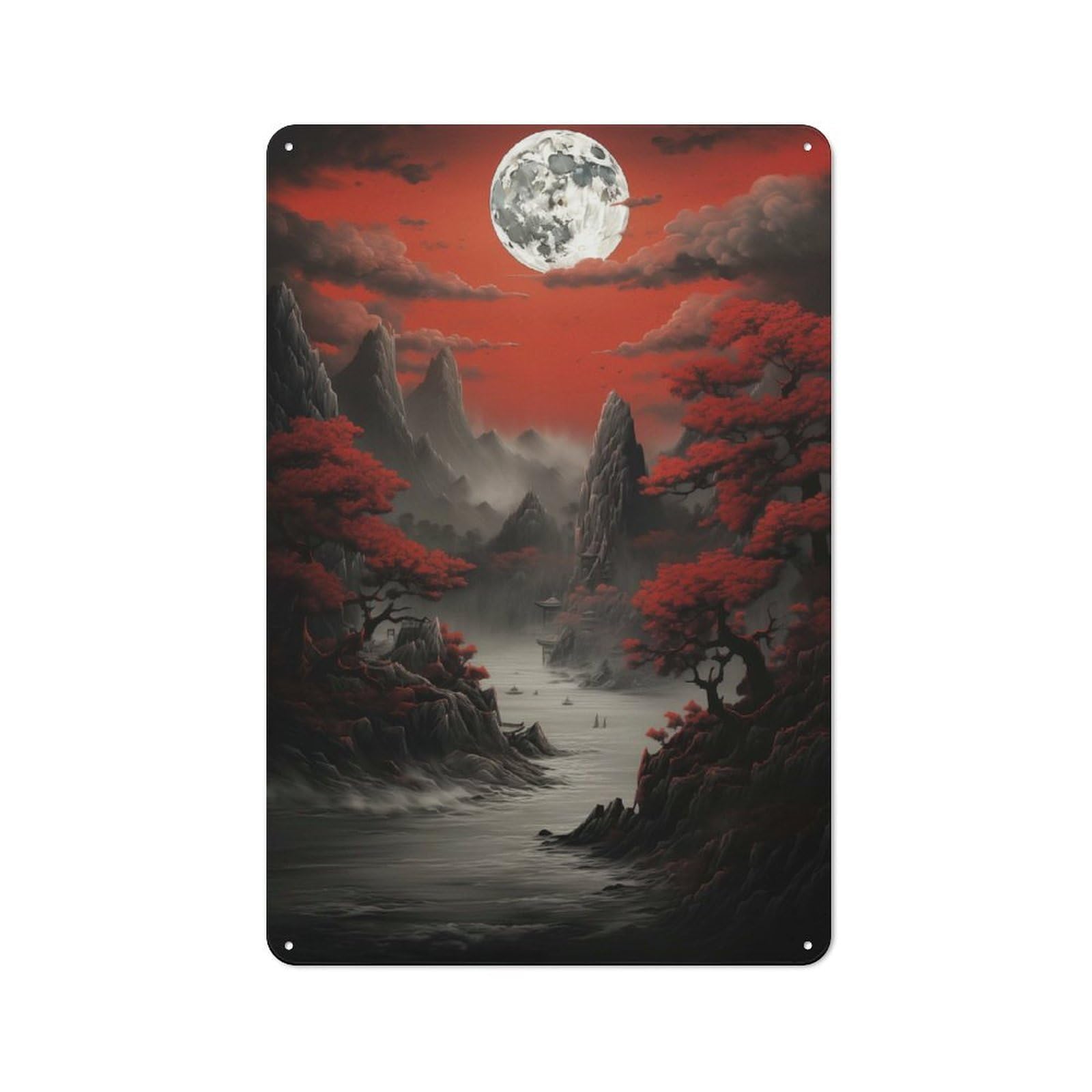 Junmoney Red Moon Japan Metal Wall Sign 30X20cm Featuring For Garage Or Workshop, For Vintage Wall Decor Fans, For Metal Sign Collectors