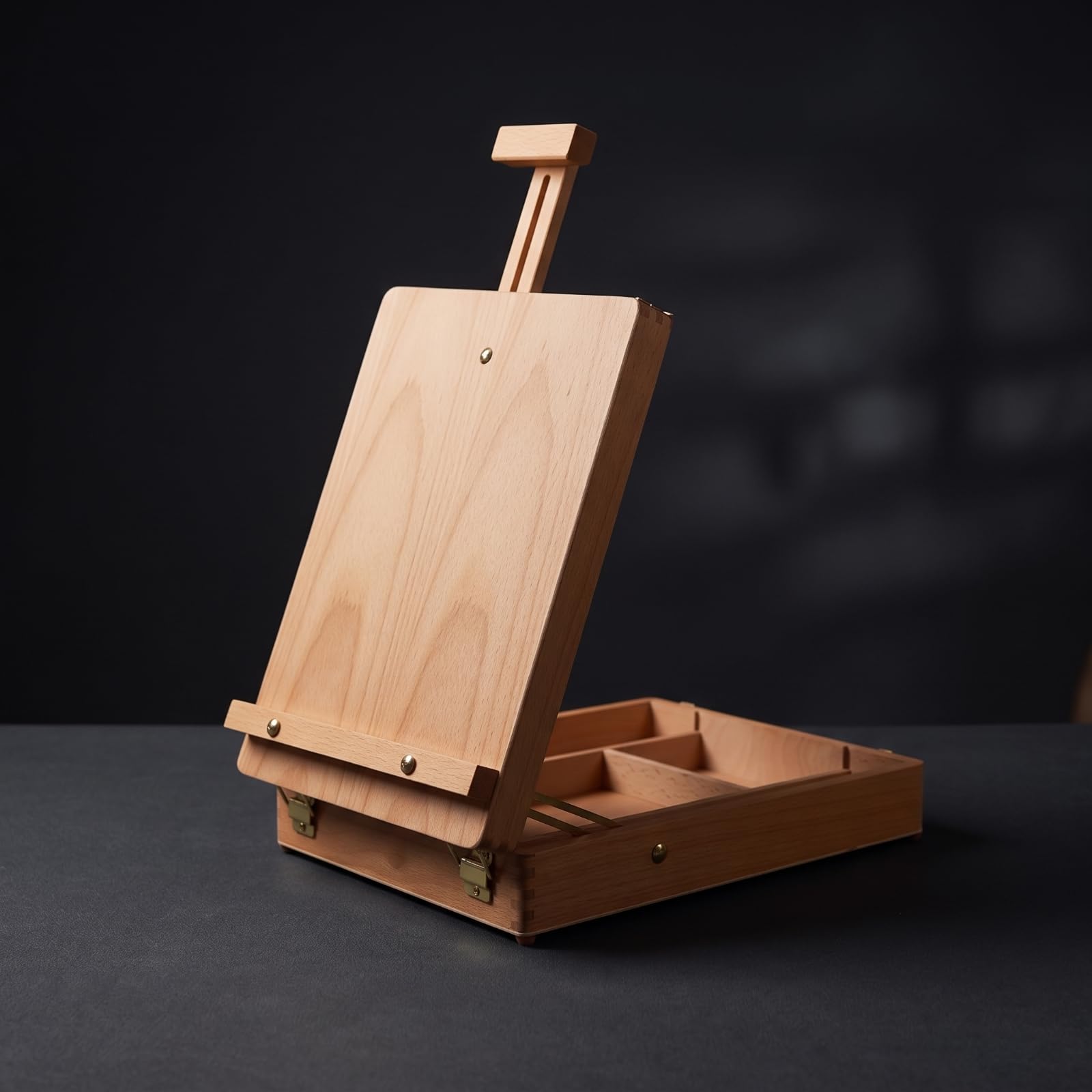Holz Malbox Zeichenkoffer Atelierkoffer Staffelei Tragbar mit Deckel als Tischstaffelei Aufbewahrung mit Fächern Ledergriff für Atelier Reise Unterricht, Rotbraun
