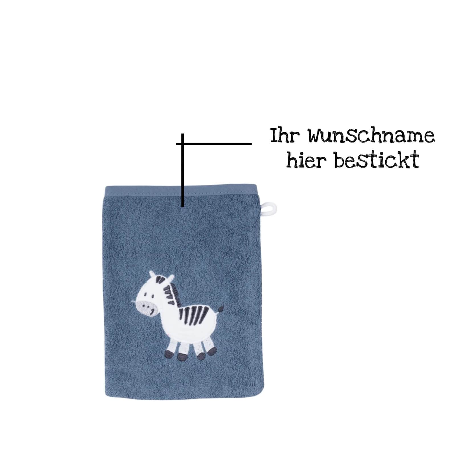 Kinder Poncho + Waschlappen mit Name Bestickt mit Name | Badeponcho | personalisiert | Kapuzenbadetuch Bademantel Kinder | Badetuch mit Kapuze | bis 7 Jahre (dunkelblaues Zebra)
