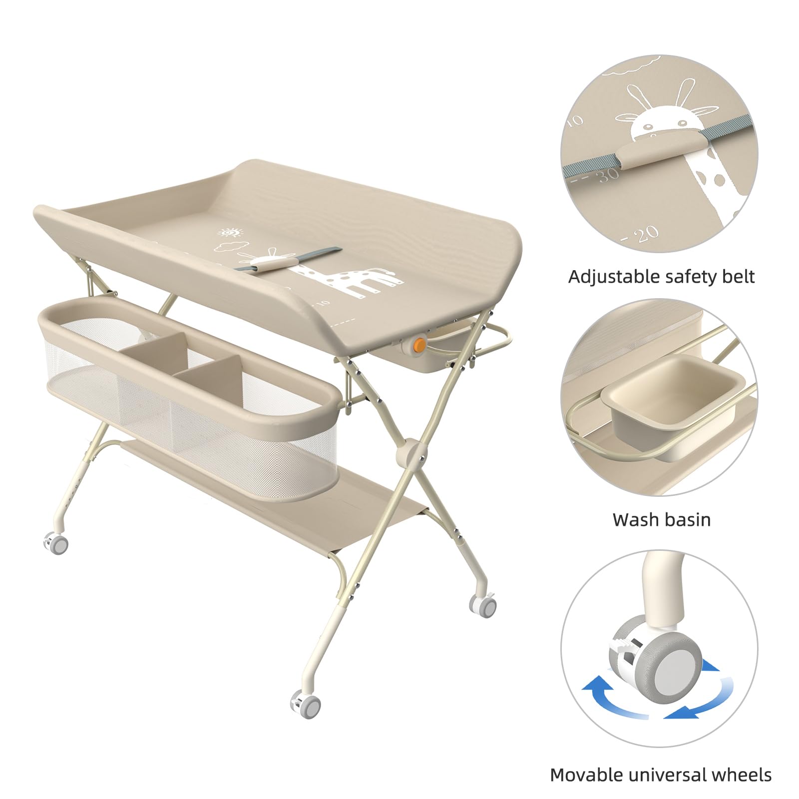 Wickeltisch, 3-in-1, Wickelkommode für Baby, von Geburt bis 12 Monate (bis 25 kg), Wickeltisch, faltbar, tragbar, Wickeltisch für Babys, mit 4 Rollen,75 x 68 x 83–91 cm (Cremeweiß)